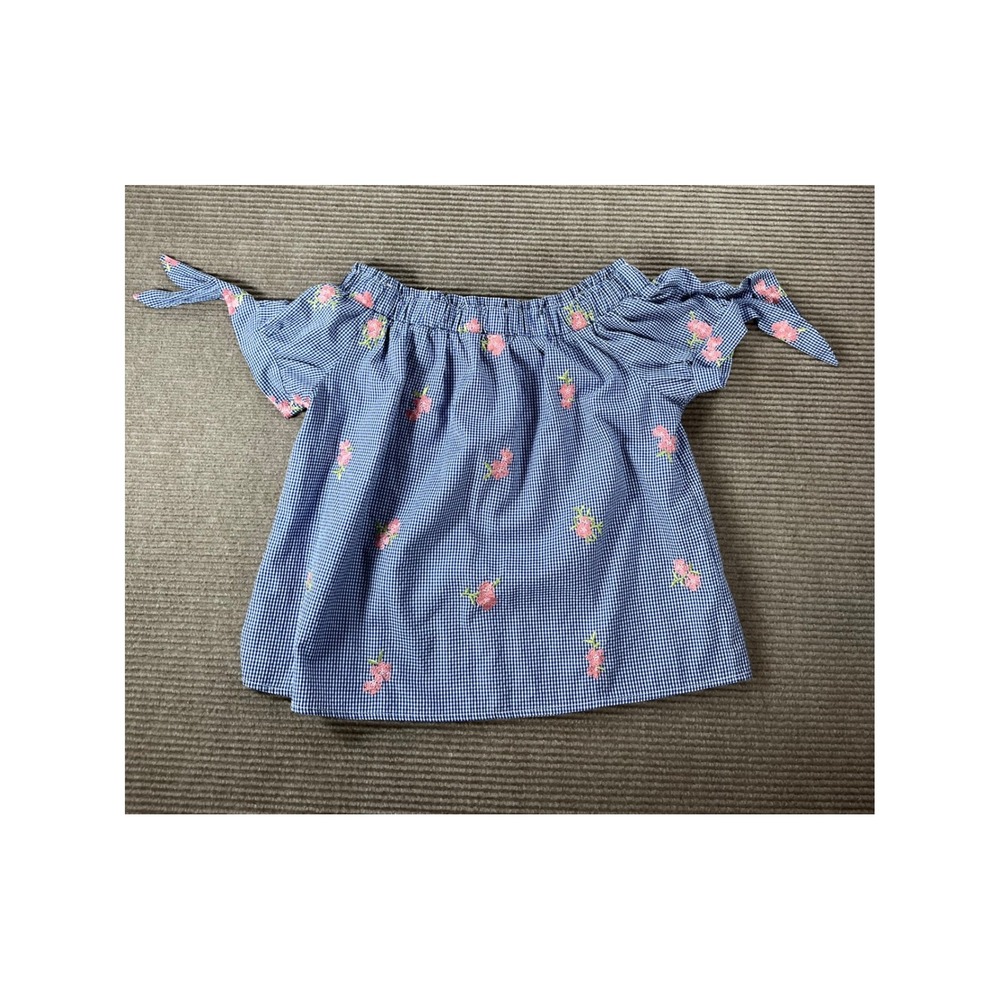 Blashe Blue Gingham Floral Embroidered Off Shoulder Top Tie Sleeve Large